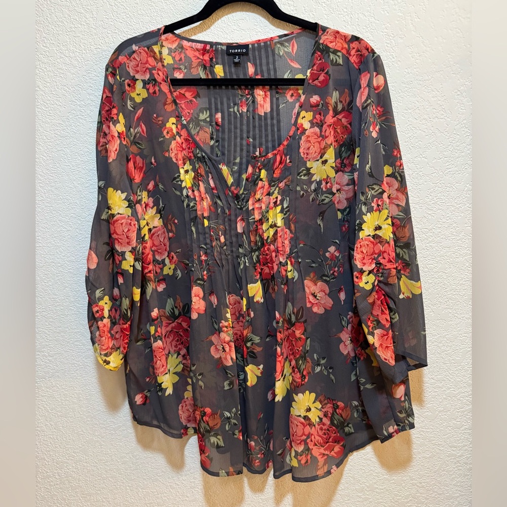 Torrid Floral Sheer Blouse - Red and Yellow 2x